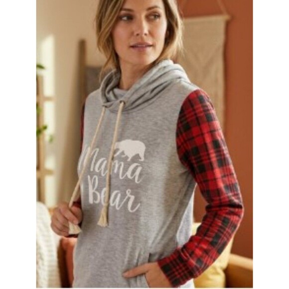 Unbranded Tops - Mama Bear Buffalo Plaid Sleeve Pullover Hoodie Gray L